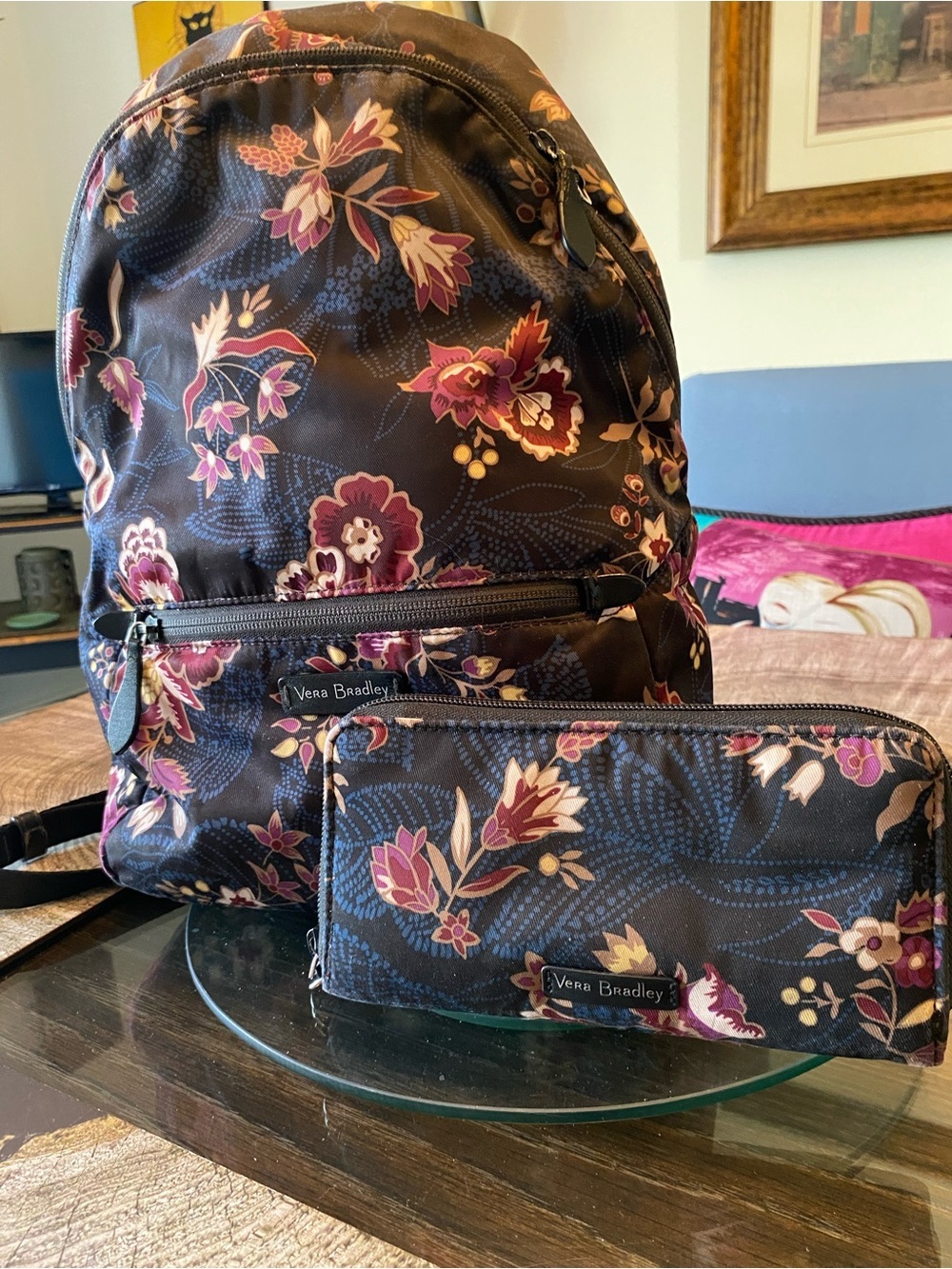 Vera Bradley Quilted Floral Backpack and Wallet in Brown with Pink Accents